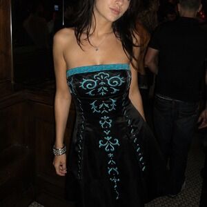 Camille La Vie Strapless Dress 7/8 Black Turquoise Damask Embroidered Lace Up